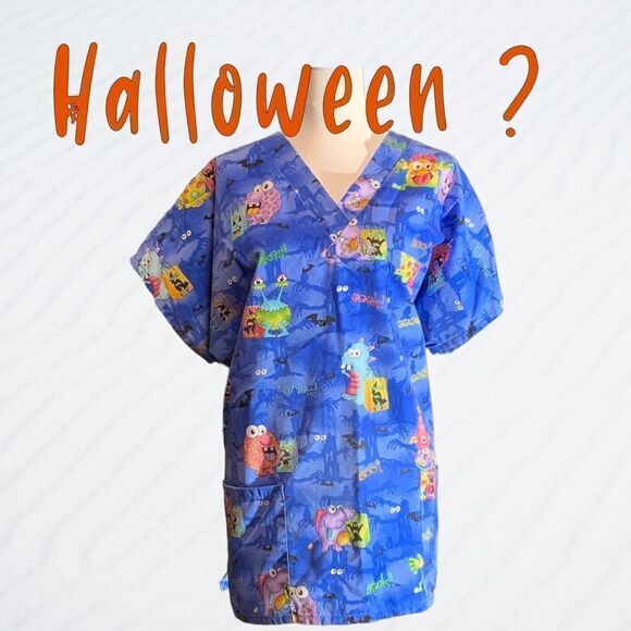 Halloween Cute Trick or Treat Monsters Unisex Scrub Top Plus Size - Picture 2 of 3